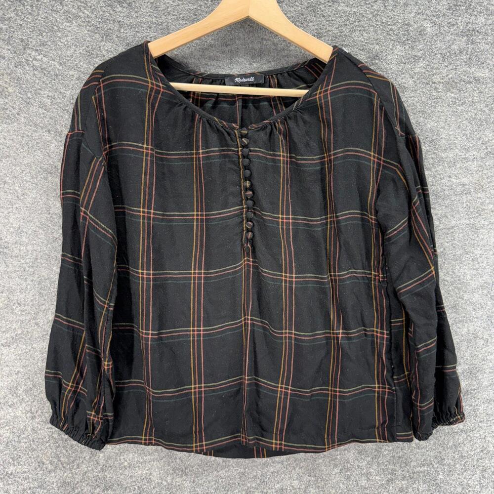 Madewell Blouse Women 2XS Black Plaid Long Sleeve 1/2 Button Wool Round Neck